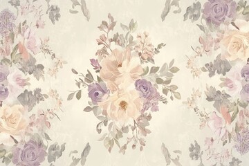 Elegant watercolor floral design with pastel roses and muted purple accents on a textured beige background.