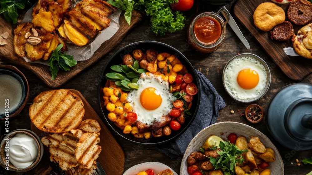 Poster An overhead view of a breakfast spread featuring , with a focus on the small pan and its delicious contents, surrounded by additional Thai breakfast dishes.