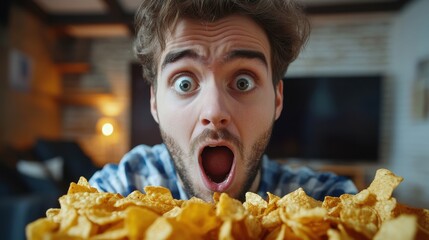 Shocked young caucasian male with chips