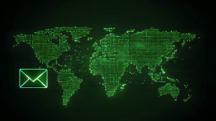 Green Digital Map with Email Icon and Binary Code


