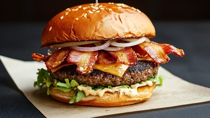 Extreme close-up of a bacon burger with grease bubbles popping on the beef patty, crispy bacon strips glistening with fat, onion strings sticking to melted cheese, dark restaurant table background