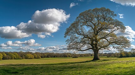 Fototapeta premium Sunny field, large tree, cloudy sky, tranquil scene, ideal for nature photography