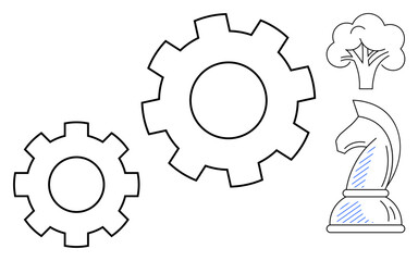 Gears signify mechanics and teamwork, tree symbolizes growth and nature, and chess knight represents strategy. Ideal for innovation, planning, sustainability, teamwork, education, leadership flat