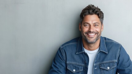 Obraz premium Smiling man in denim jacket against gray backdrop