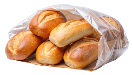 Freshly Baked Bread Rolls in a Plastic Bag on a transparent background