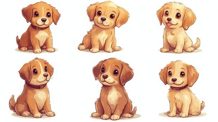 Fototapeta premium Cute cartoon puppies: six adorable illustrations with big eyes and fluffy coats