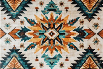 Intricate rug with vibrant teal, orange, and beige geometric patterns creating a southwestern aesthetic.