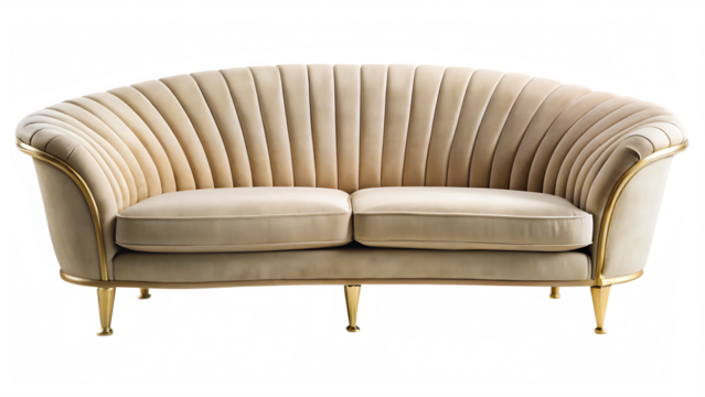 beige curved velvet luxury designer sofa isolated on white background PNG