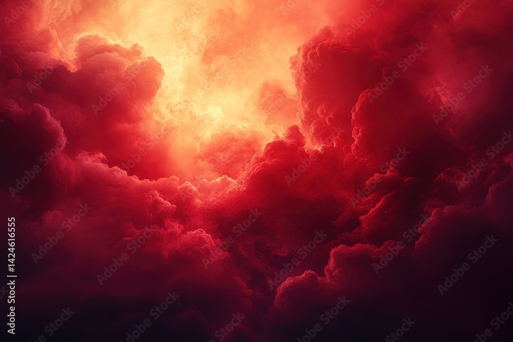 Poster dramatic red clouds fill the sky at sunset, creating an intense atmosphere above the horizon during 