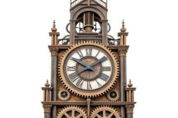Vintage clock tower showcasing intricate design and mechanical features in a historical urban setting for decorative use