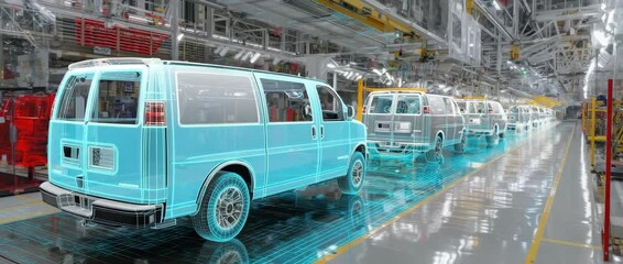 Automated car production line visualized with neon wireframe overlays, camera dolly backward showing vans in assembly, futuristic factory with glowing floor grids and robotic precision. - Powered by Adobe
