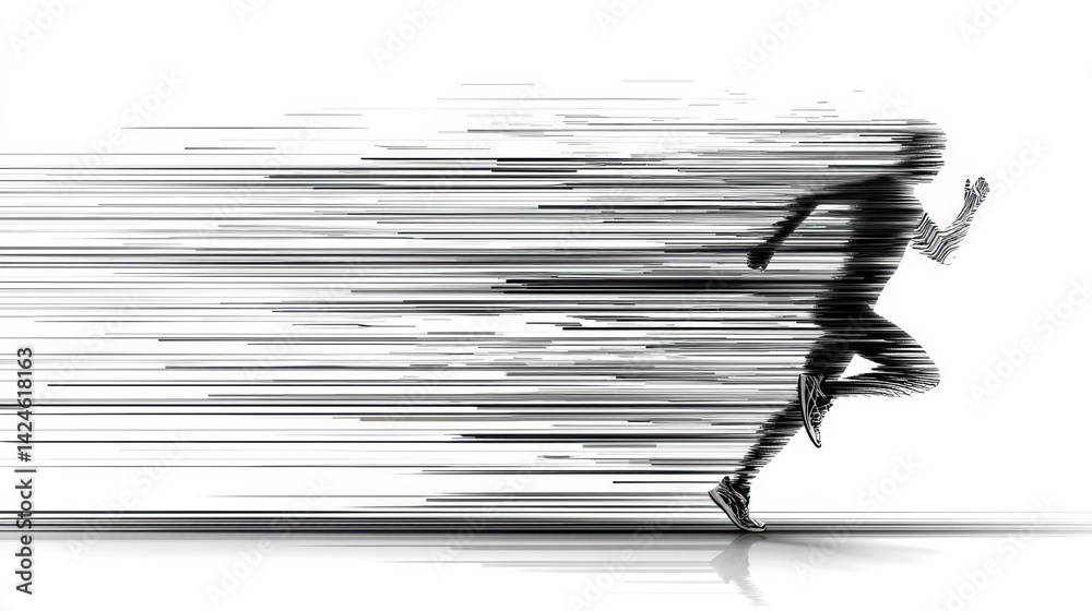 Poster Dynamic Representation of a Runner Captured Through Motion Streaks on a Clean Background Illustrating Speed and Energy in a Unique Style