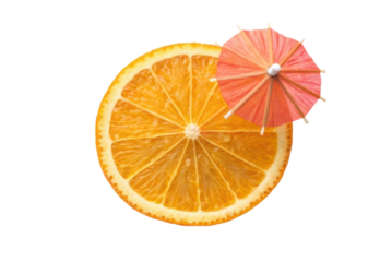 Refreshing summer drink garnish with orange slice and colorful umbrella for tropical cocktails