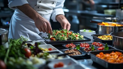 Obraz premium Professional chef preparing delicious gourmet salad with fresh vegetables red food meal dish lunch