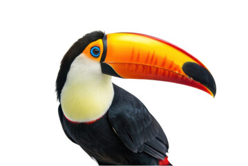 Brightly colored toucan perched in a natural pose showcasing vibrant plumage and distinctive beak in a tropical environment
