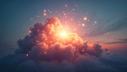 Abstract cloud of ideas made of glowing data sparks, floating symbols, and neural energy rings, representing innovation, imagination, and AI thought generation