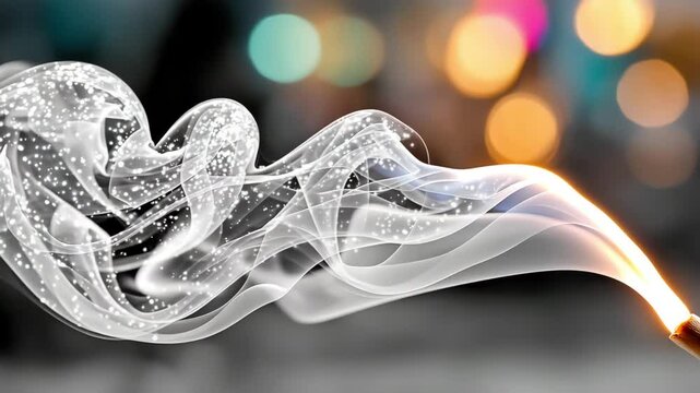 Silken tendrils of smoke curling in hypnotic swirls, illuminated by a razor-thin light beam radiating ethereal texture, glowing particles drifting through inky void with prismatic refractions and shad