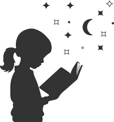 Silhouette of Girl Reading a Book Under Moon and Stars: Nighttime Imagination Concept Vector