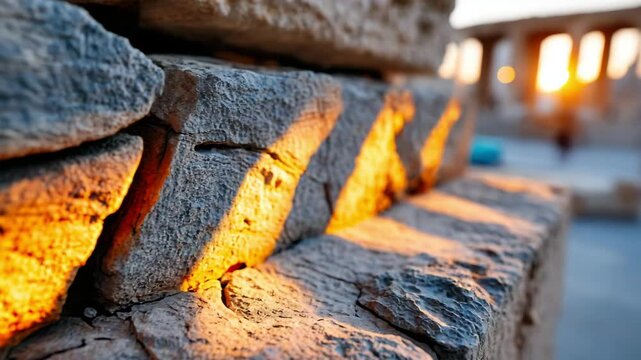 Textured concrete wall with rough-hewn grooves and cracks, slow-drifting shadows weaving angular fissures under shifting golden-hour sunlight, casting ephemeral geometric patterns as dust motes shimme