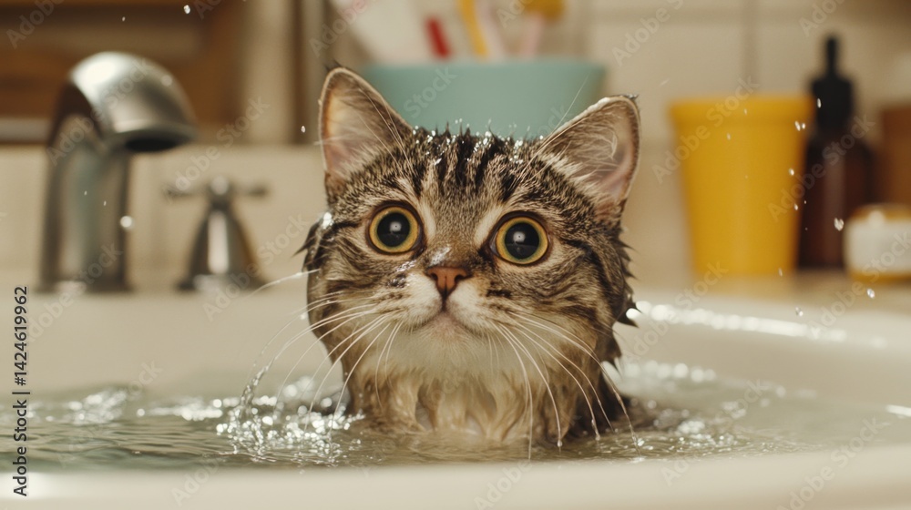 Aufkleber a close-up of a cat sitting in a shallow bath with gentle water splashing around, showing its curiou