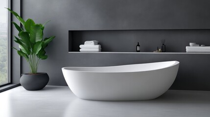 Modern bathroom with a freestanding tub and gray walls.  A potted plant adds a touch of greenery to this minimalist design