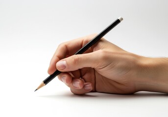 Realistic human hand holding sharpened black pencil isolated on white background