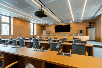 Highquality microphone positioned in front of a spacious conference room for professional events
