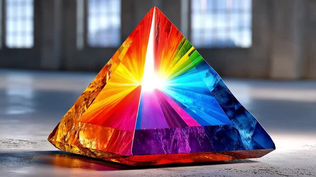 Sharp crystal prism refracting sunlight into vibrant chromatic burst, radiating ethereal glow with rainbow spectrum splintering across dark studio backdrop under precise lighting, dazzling optical won