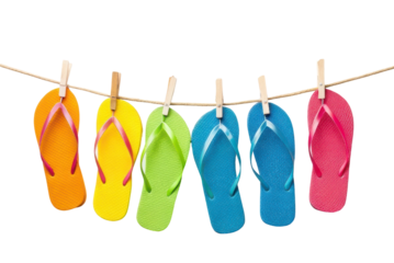 Colorful flip flops on a clothesline evoke summer fun and relaxation for beach lovers and vacation enthusiasts