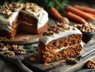 Delicious carrot cake slice with walnuts and cream cheese frosting.