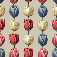 Realistic watercolor style colorful tulips botanical vector illustration seamless pattern