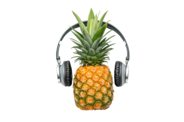 Creative fruit concept with a pineapple wearing headphones for summer vibes and music enjoyment promotion