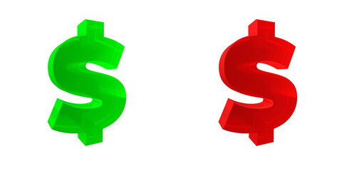 Green and Red Dollar Signs. 3D Dollar Symbols Representing Financial Trends. Finance. Money Symbol. 3D render/ Transparent background.