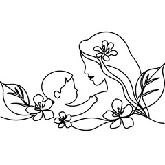 Mother and Child Outlined in Romantic Style with Floral Elements  