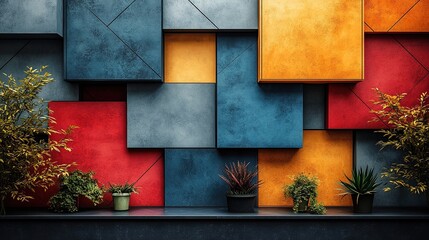Abstract Geometric Wall with Vibrant Hues and Potted Plants