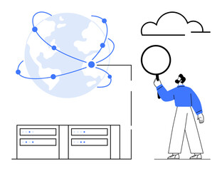 Man examining global network connections with magnifying glass beside data servers and cloud icon. Ideal for technology, data analysis, networking, cloud computing, global connectivity, research