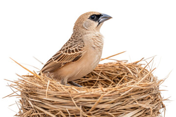 A small bird perched in a natural nest made of dried grass showcasing the beauty of wildlife and nature in a serene setting