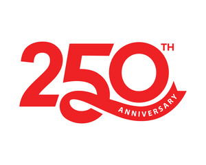 250 years Anniversary card design with celebration confetti elements on blue background. 250th anniversary sticker, label, tag, badge to celebrate Independence Day of America on 4th July.