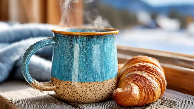 Steaming ceramic coffee mug radiating cozy warmth on sunlit windowsill, golden steam spiraling beside fresh croissant, sheer curtains filtering morning light over rustic wood and misty meadow with dis