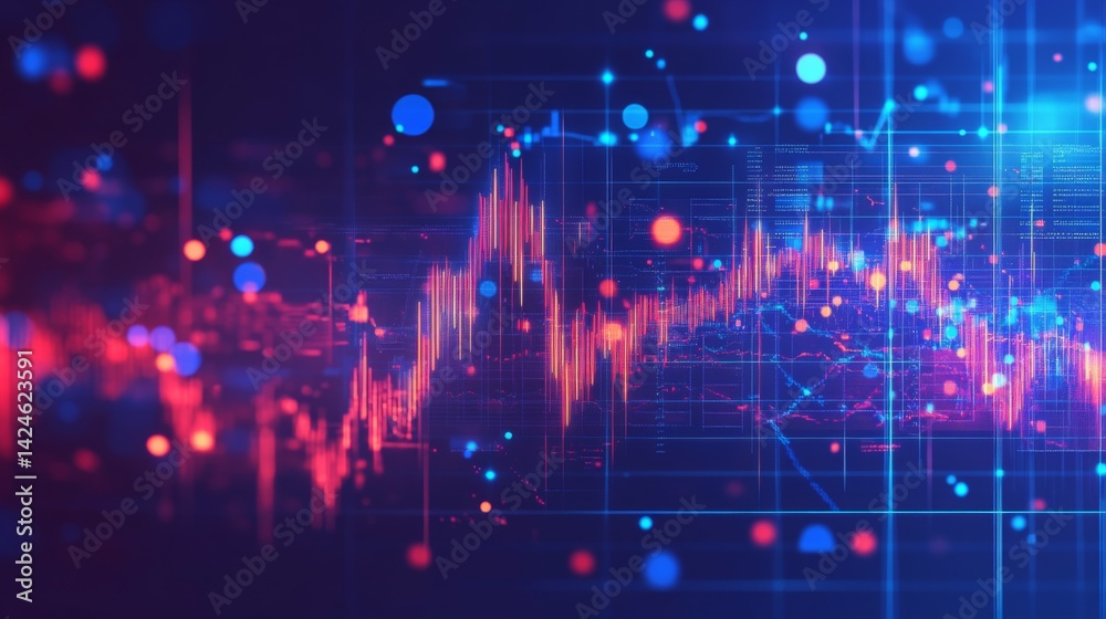 Poster a close-up of a stock chart with a focus on significant peaks and troughs, with financial data and t