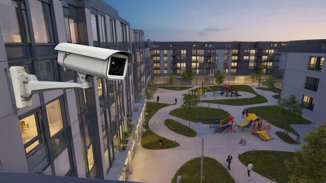 Modern residential apartment complex courtyard with green space and playground under surveillance of a security camera, highlighting urban safety, technology and community living in the evening light.