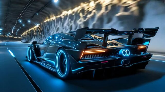Driving Neon Lit Sports Car Through Tunnel Interior