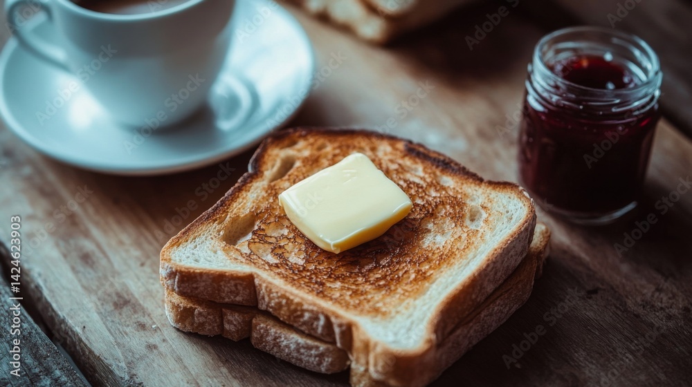 Poster a close-up of perfectly golden toast with butter melting on top, placed on a rustic wooden table alo