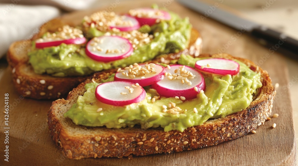 Poster A close-up of toast topped with creamy avocado, radish slices, and a sprinkle of sesame seeds, served on a wooden board with a knife and napkin beside it.