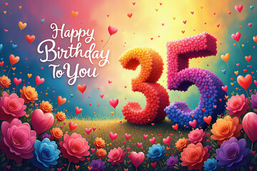Greeting card for 35 years. Vibrant, colorful design featuring the number 35 made of flowers, surrounded by hearts and balloons, with the text Happy Birthday To You.
