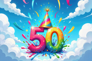 Greeting card for 50 years. Vibrant, colorful 50th birthday celebration with a party hat, confetti, and splashes of paint in the sky.
