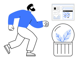 Man walking with purpose, digital data screen with graphs and search bar, plant in transparent dome. Ideal for technology, innovation, analytics, sustainability, environment, progress simple landing