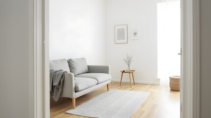 Fototapeta premium Minimalist Living Room Corner with Grey Two-Seater Sofa