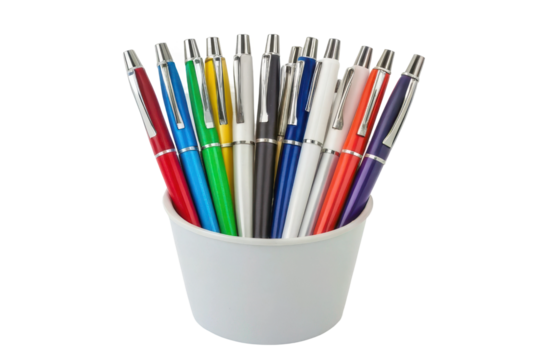 Colorful pens arranged in a circular pattern inside a white holder for creative writing or office use