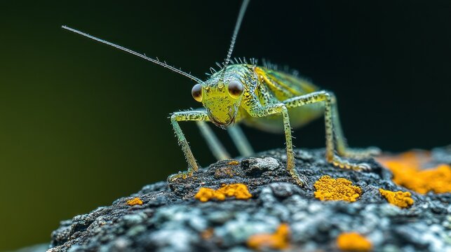 Close-up of a vibrant green insect perched on a textured surface